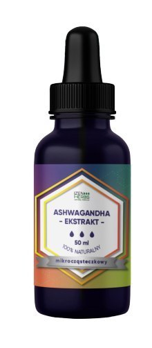 Ashwagandha - ekstrakt mikrocząsteczkowy, 50 ml, krople, Izen Herbs Organis Ashwagandha - ekstrakt mikrocząsteczkowy, 50 ml, krople, Izen Herbs Organis