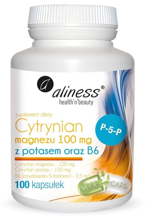 Cytrynian Magnezu 100 mg z Potasem 150 mg oraz B6 (P-5-P), 100 kapsułek wege, Aliness