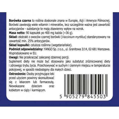 Czarna borówka - ekstrakt - 25% antocyjanów - 90 kapsułek, Yango Czarna borówka - ekstrakt - 25% antocyjanów - 90 kapsułek, Yango