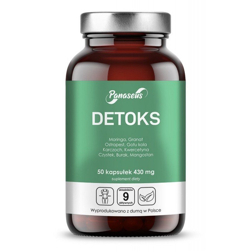 Detoks (moringa, granat, ostropest,karczoch, kwercetyna, gotu kola, czystek, burak, mangostan) 50 kapsułek, Panaseus Detoks (moringa, granat, ostropest,karczoch, kwercetyna, gotu kola, czystek, burak, mangostan) 50 kapsułek, Panaseus