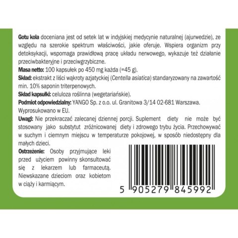 Gotu kola - ekstrakt 10% saponin triterpenowych - 100 kapsułek, Yango Gotu kola - ekstrakt 10% saponin triterpenowych - 100 kapsułek, Yango