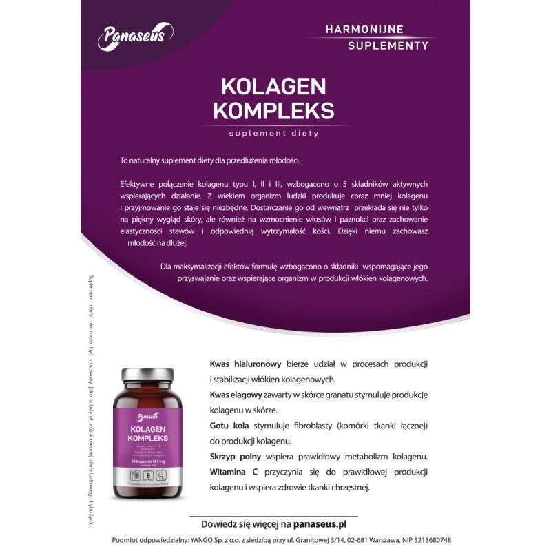 Kolagen Kompleks (kolagen I, II i III, Witamina C, Skrzyp polny, Granat, Kwas hialuronowy), 50 kapsułek, Panaseus Kolagen Kompleks (kolagen I, II i III, Witamina C, Skrzyp polny, Granat, Kwas hialuronowy), 50 kapsułek, Panaseus