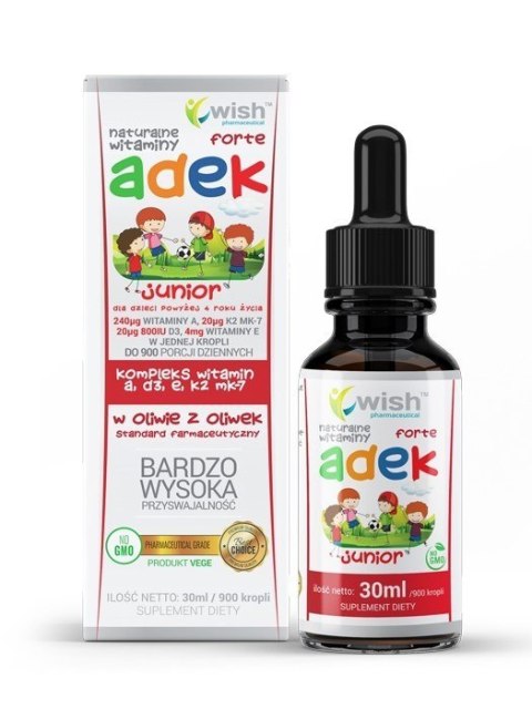 Naturalna Witamina ADEK (Complex A, D3, E, K2 MK-7) w Kroplach, DLA DZIECI, 30ml, wege, Wish