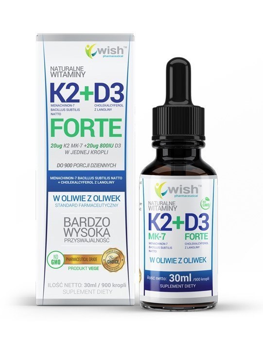 Naturalna Witamina K2 MK-7 + D3 Forte, w Kroplach 30ml, wege, Wish