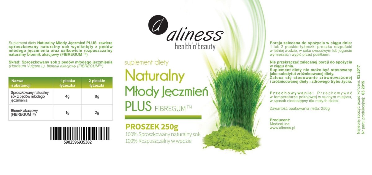 Naturalny młody jęczmień PLUS w proszku, 250 g, Aliness Naturalny młody jęczmień PLUS w proszku, 250 g, Aliness