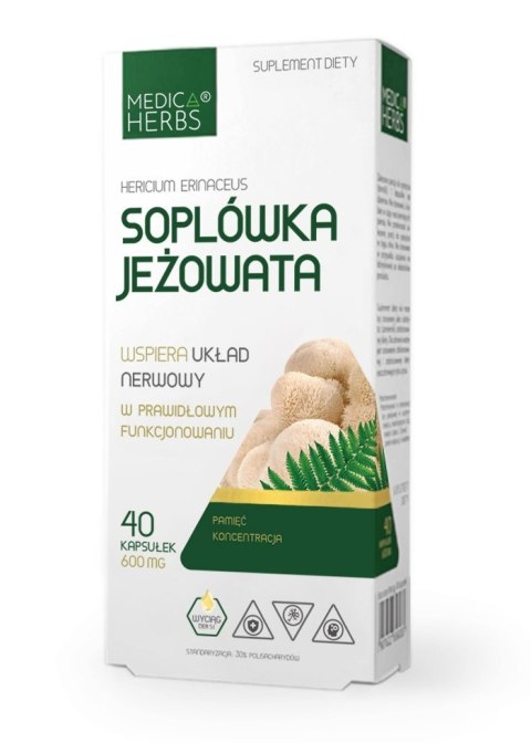 Soplówka Jeżowata 600 mg, Hericium erinaceus, 40 kapsułek, Medica Herbs Soplówka Jeżowata 600 mg, Hericium erinaceus, 40 kapsułek, Medica Herbs