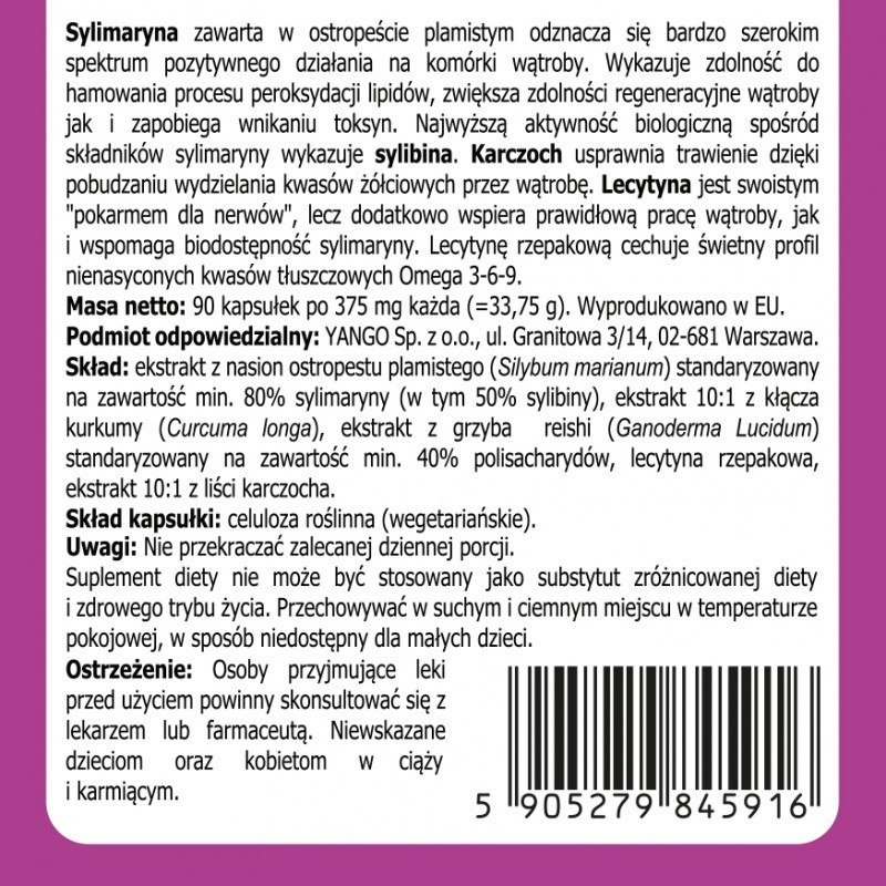 Sylimaryna - ekstrakt z ostropestu, 90 kapsułek wege, Yango Sylimaryna - ekstrakt z ostropestu, 90 kapsułek wege, Yango