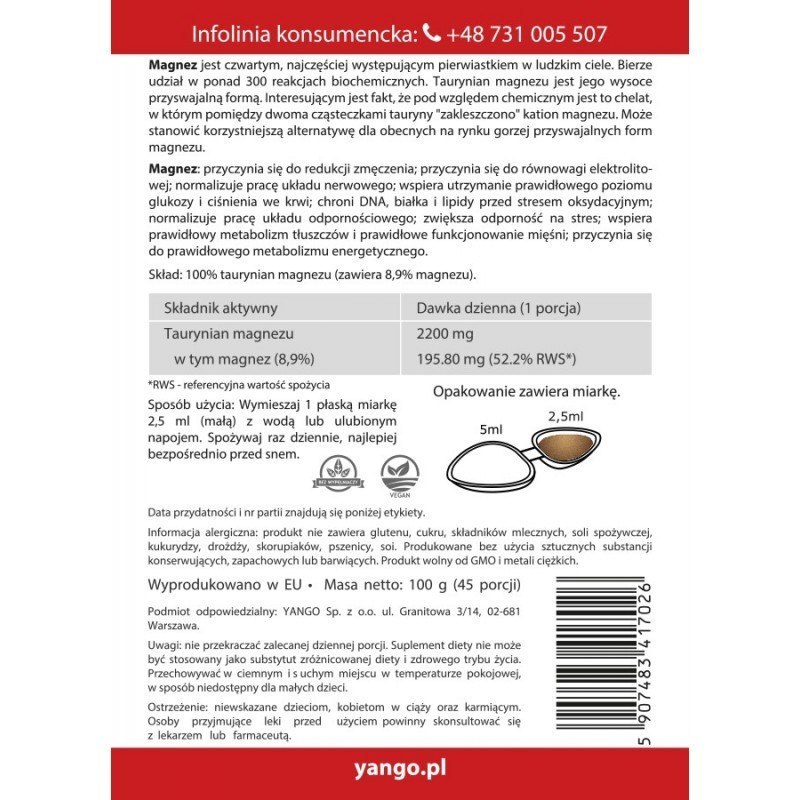 Taurynian magnezu, 100 g, proszek wege, Yango Taurynian magnezu, 100 g, proszek wege, Yango