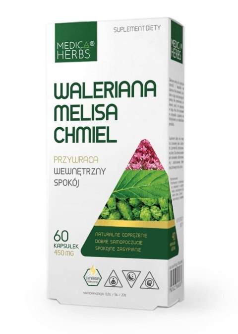 Waleriana + Melisa + Chmiel , standaryzowany wyciąg, 60 kapsułek, Medica Herbs Waleriana + Melisa + Chmiel , standaryzowany wyciąg, 60 kapsułek, Medica Herbs