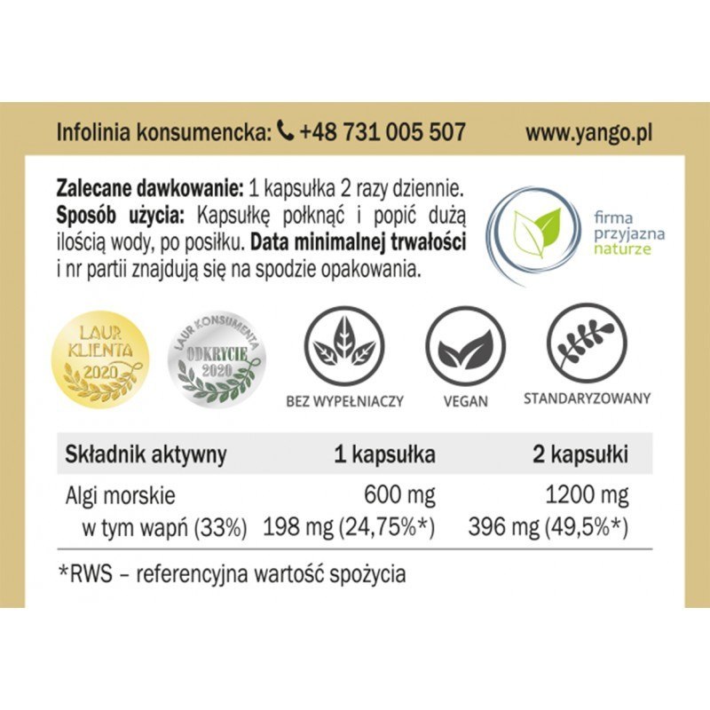 Wapń z alg czerwonych w kapsułkach, 90 kapsułek, Yango Wapń z alg czerwonych w kapsułkach, 90 kapsułek, Yango