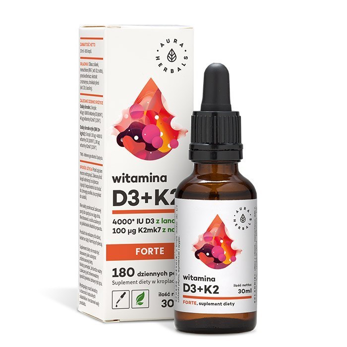 Witamina D3 4000 IU + K2MK7 FORTE w kroplach, 30 ml, Aura Herbals Witamina D3 4000 IU + K2MK7 FORTE w kroplach, 30 ml, Aura Herbals