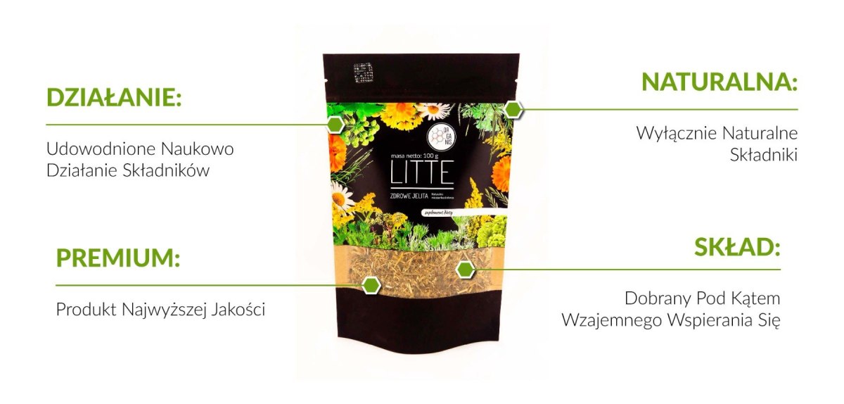 Zdrowe jelita - Jelita bez drażliwości - Litte - mieszanka ziół leczniczych, 100 g, Organis Zdrowe jelita - Jelita bez drażliwości - Litte - mieszanka ziół leczniczych, 100 g, Organis