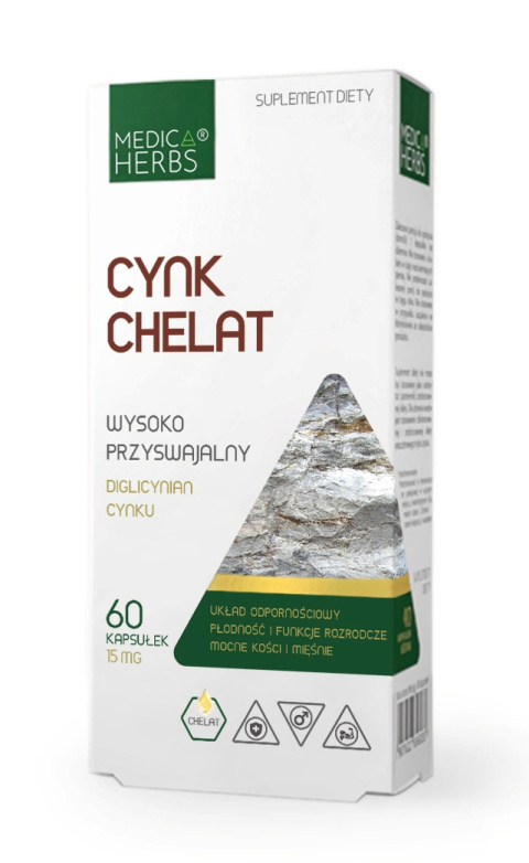 Cynk chelat (diglicynian cynku), 60 kapsułek, Medica Herbs