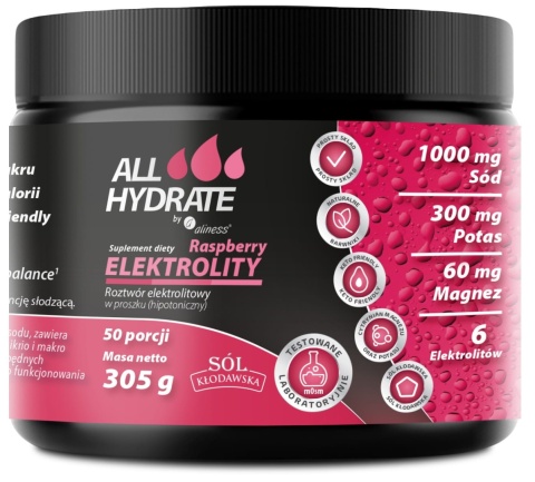 Elektrolity Raspberry ALLHydrate, 305 g, 50 porcji, Aliness