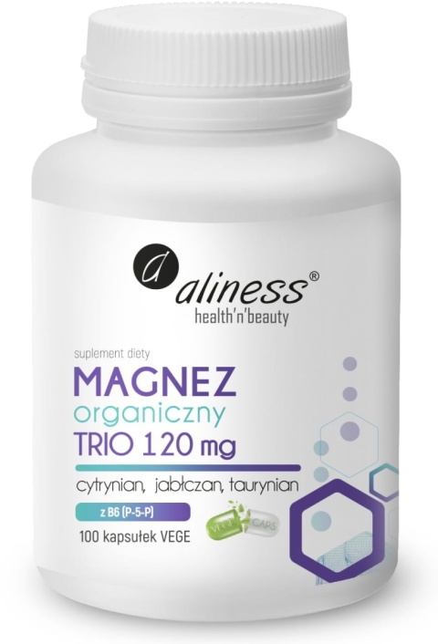 Magnez organiczny TRIO 120 mg z B6: cytrynian, jabłczan, taurynian, 100 kapsułek wege, Aliness