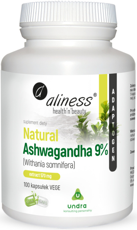 Natural ASHWAGANDHA 9%, 100 kapsułek wege, Aliness