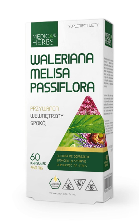 Waleriana + Melisa + Passiflora, standaryzowany wyciąg, 60 kapsułek, Medica Herbs